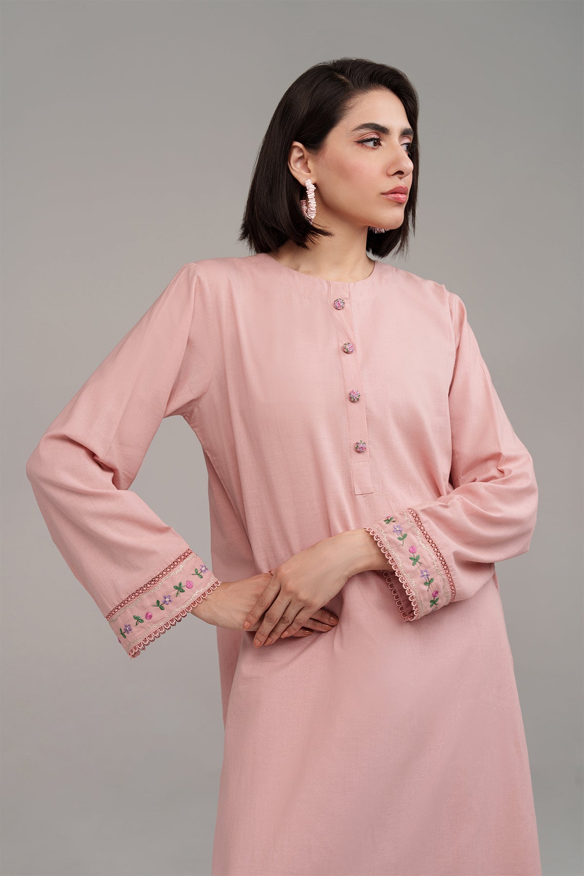 2 Pcs Tea Pink Embroidered Dress - 01 - Peach Republic
