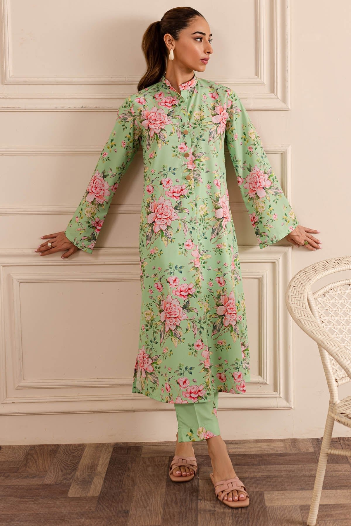 2 Piece - Printed Crepe Suit - 09 - Peach Republic