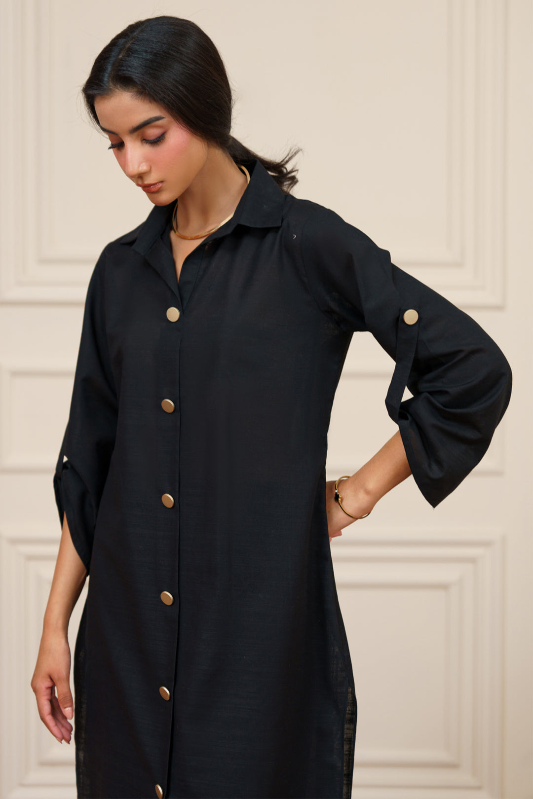 Black Khaddar Button down Dress