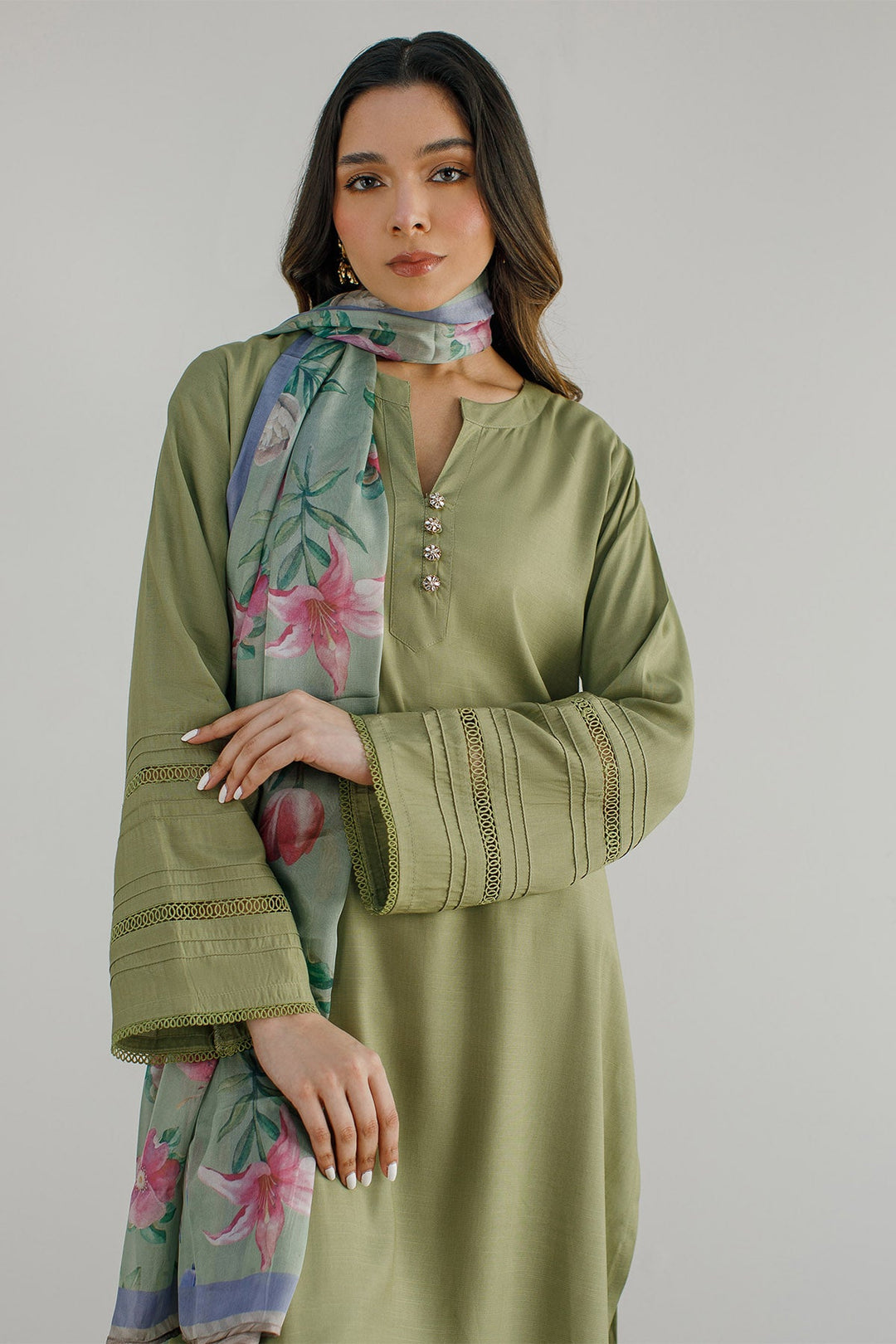 3 Pcs Raw Silk Dress - 01 - Peach Republic