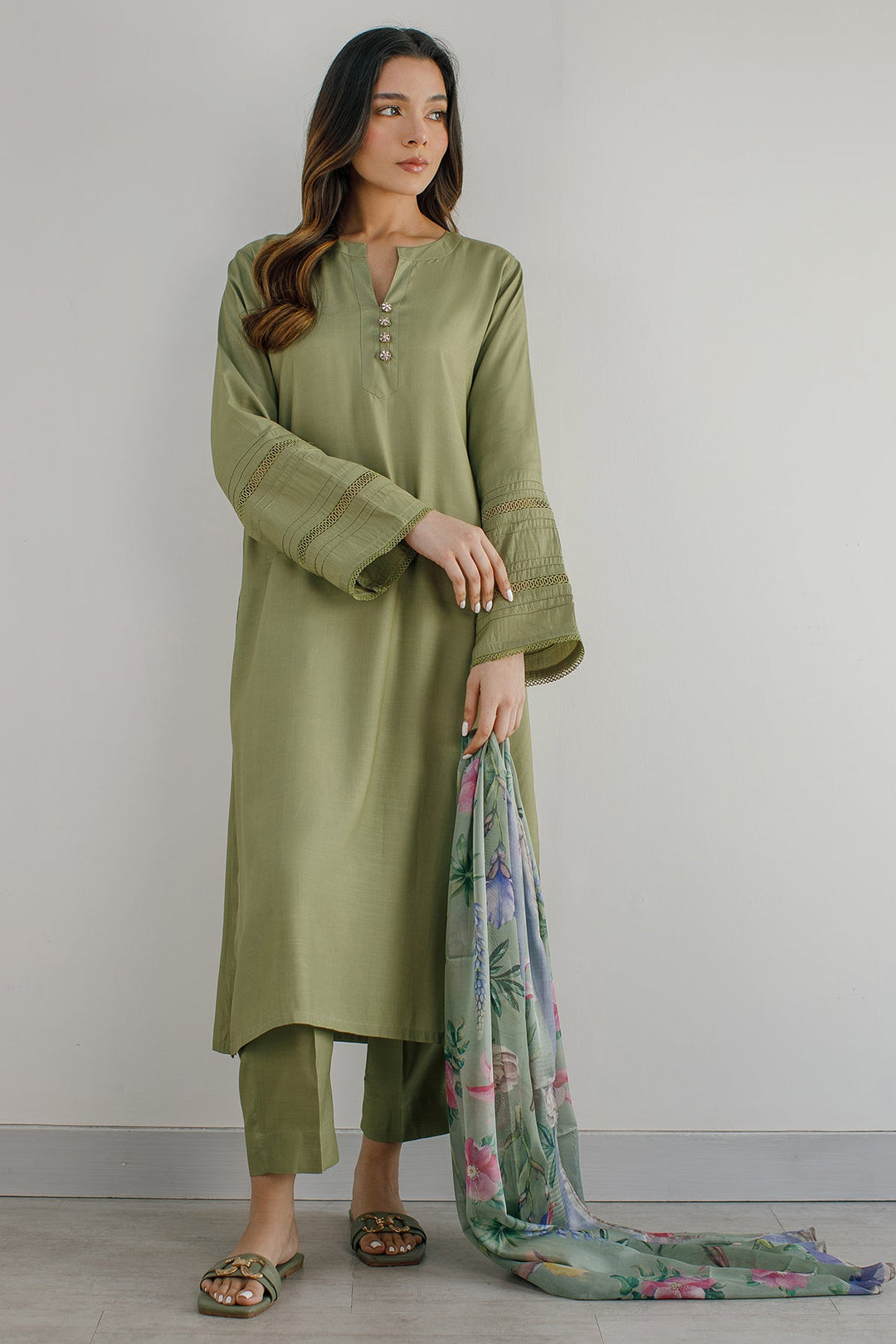3 Pcs Raw Silk Dress - 01 - Peach Republic