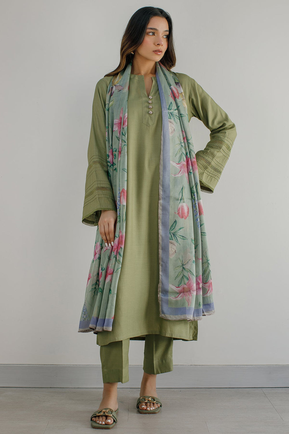 3 Pcs Raw Silk Dress - 01 - Peach Republic
