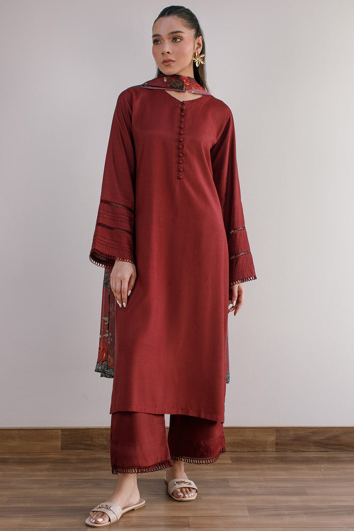 3 Pcs Raw Silk Dress - 04 - Peach Republic