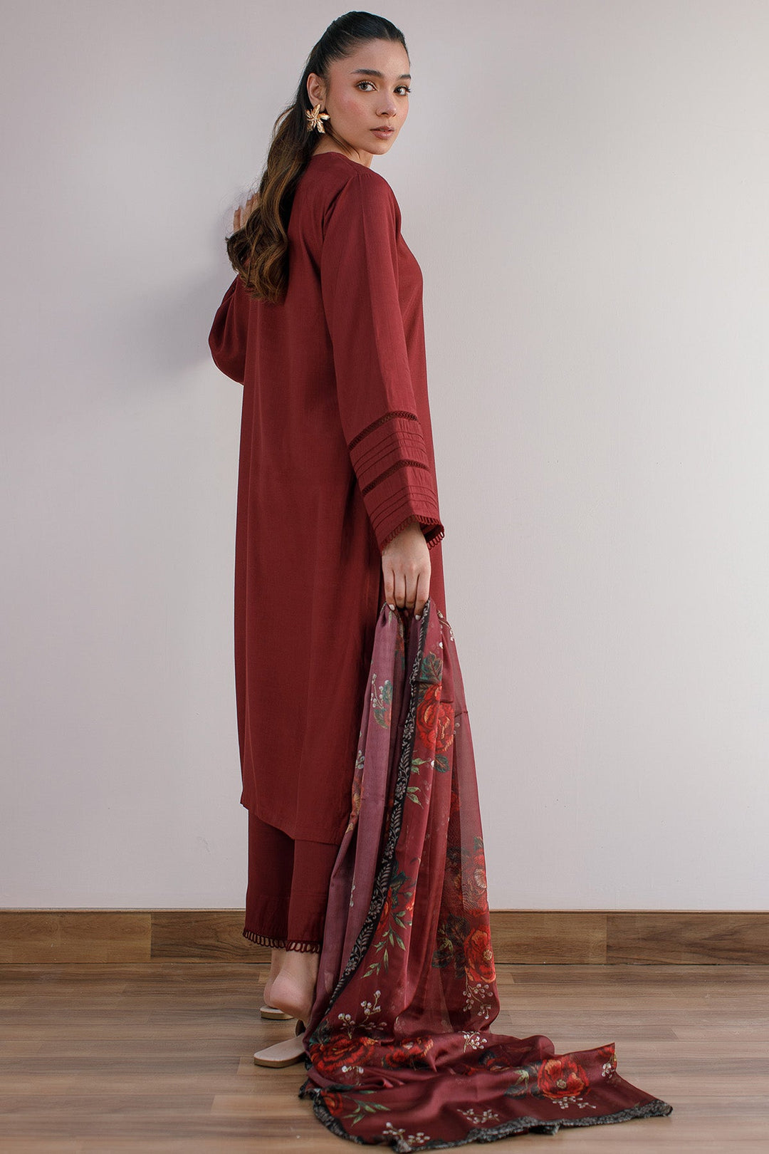 3 Pcs Raw Silk Dress - 04 - Peach Republic