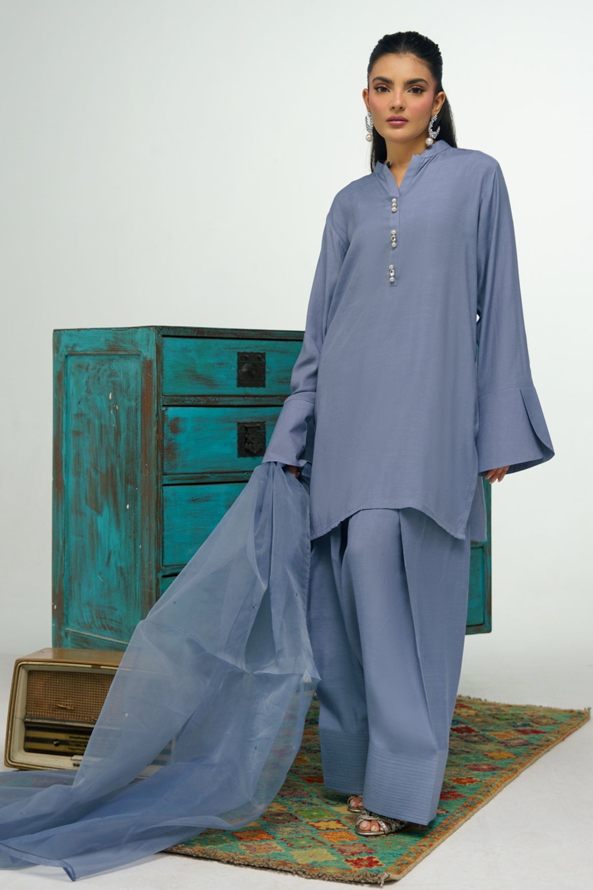 3 Pcs Raw Silk Suit - 002 - Peach Republic