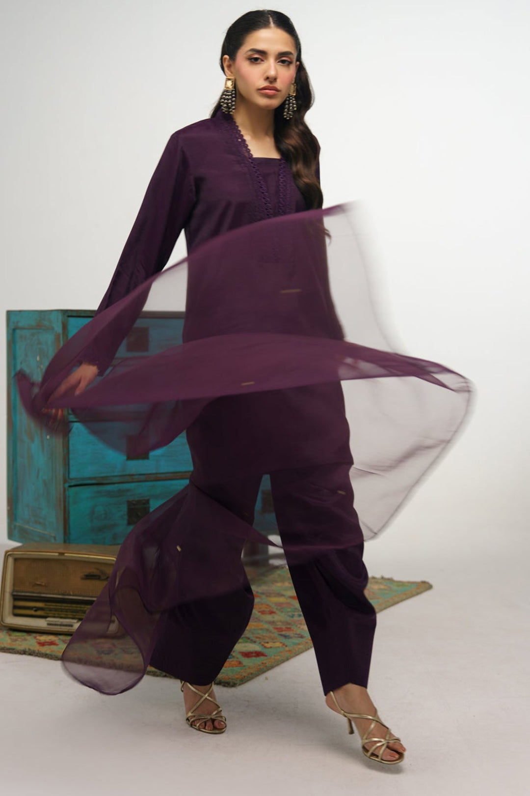 3 Pcs Raw Silk Suit - 005 - Peach Republic