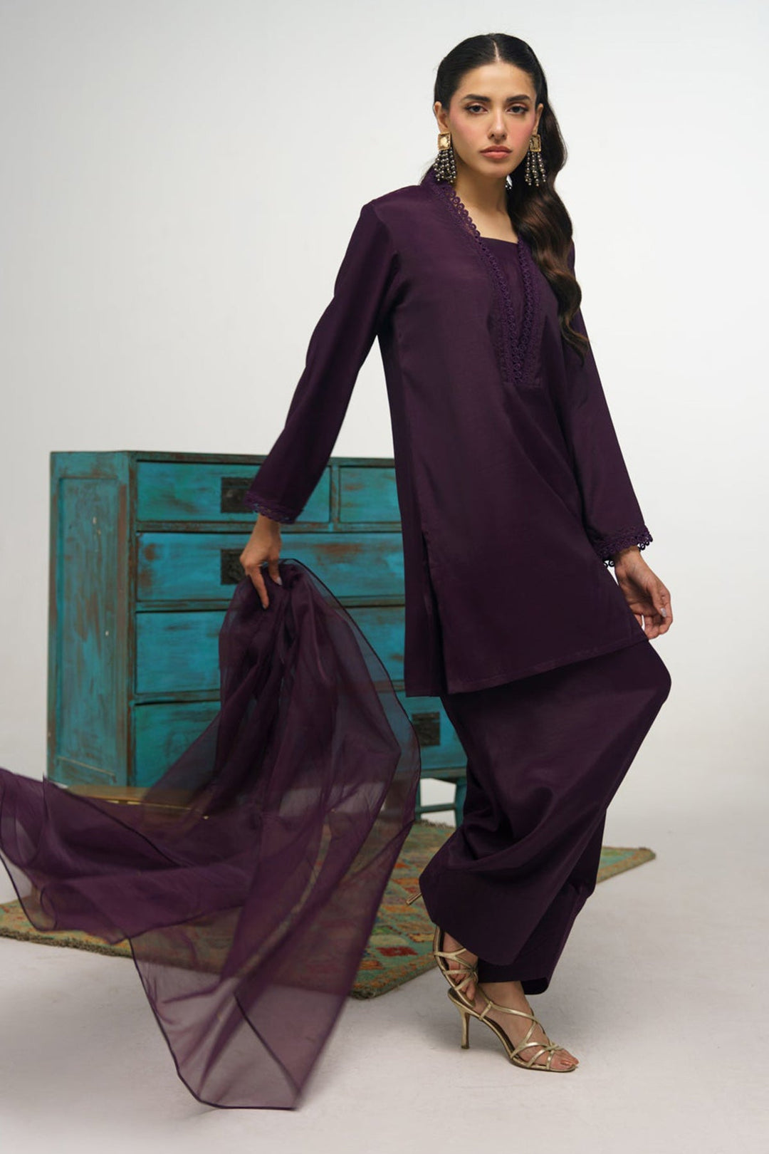3 Pcs Raw Silk Suit - 005 - Peach Republic