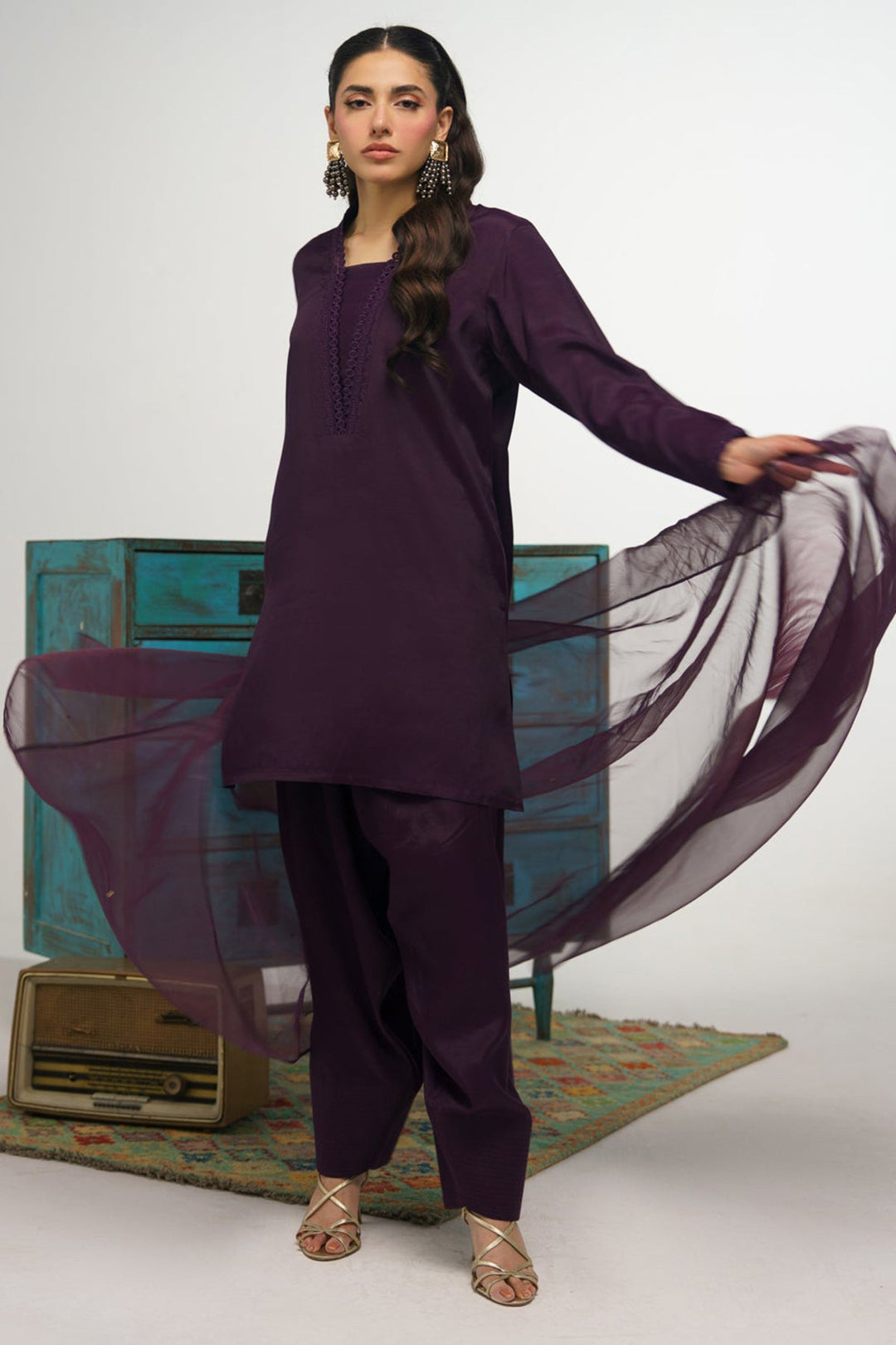 3 Pcs Raw Silk Suit - 005 - Peach Republic