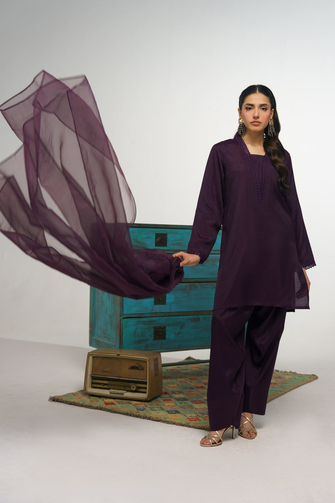 3 Pcs Raw Silk Suit - 005 - Peach Republic