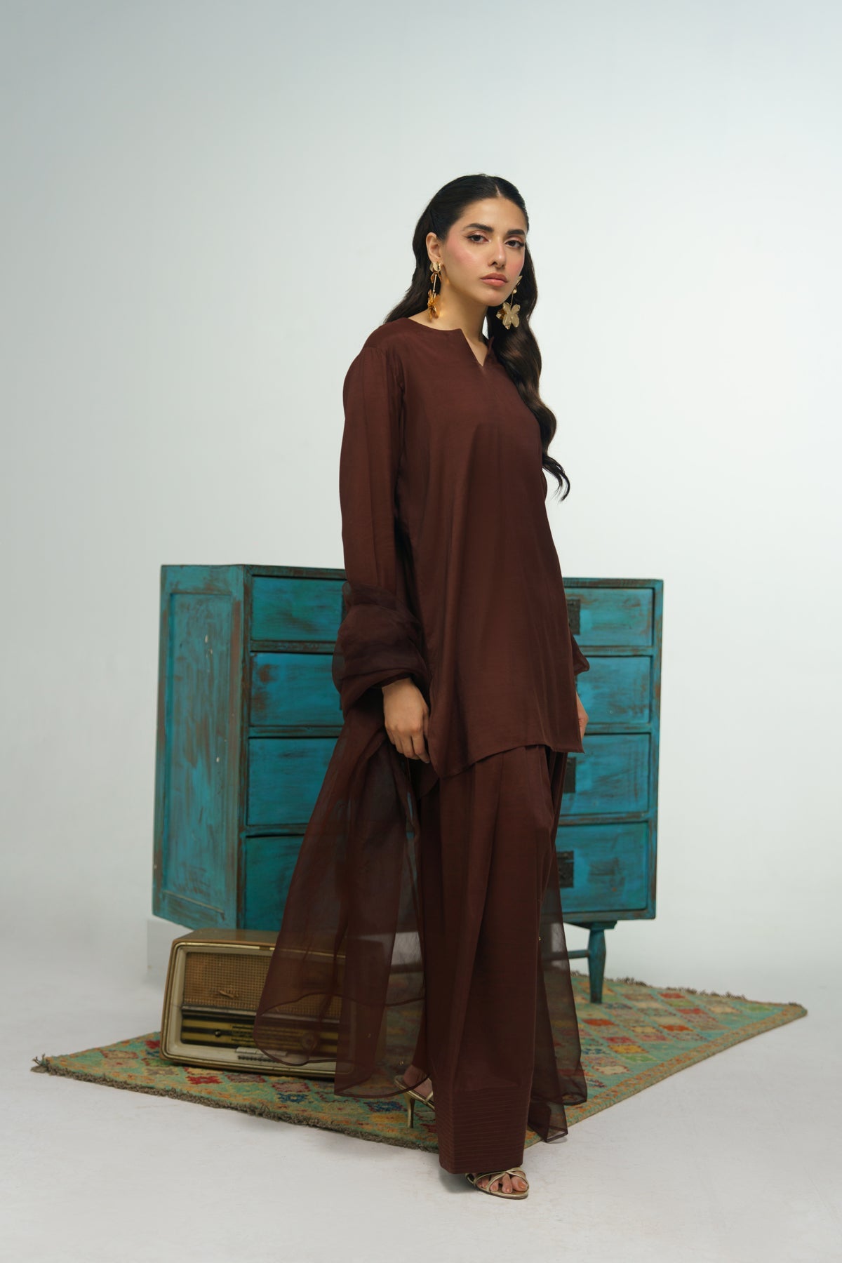 3 Pcs Raw Silk Suit - 007 - Peach Republic