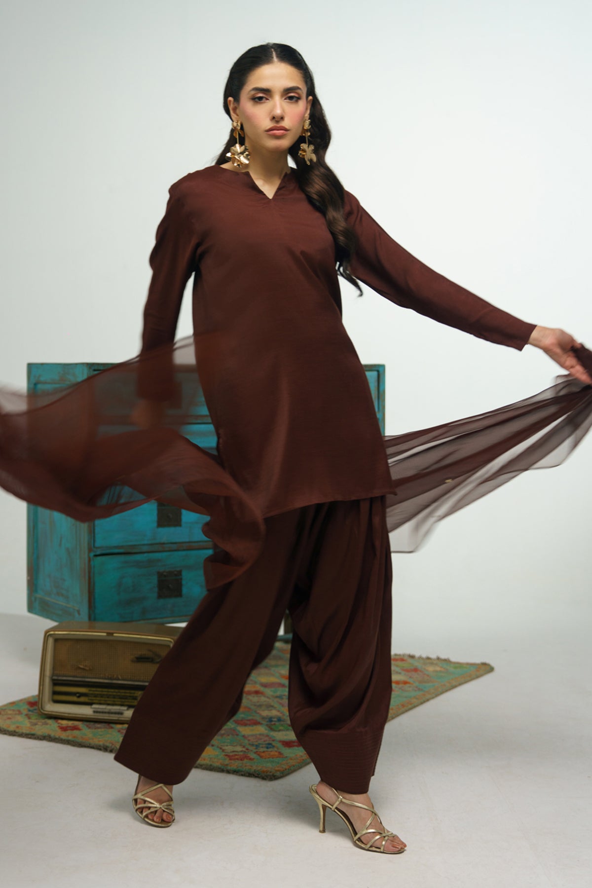 3 Pcs Raw Silk Suit - 007 - Peach Republic