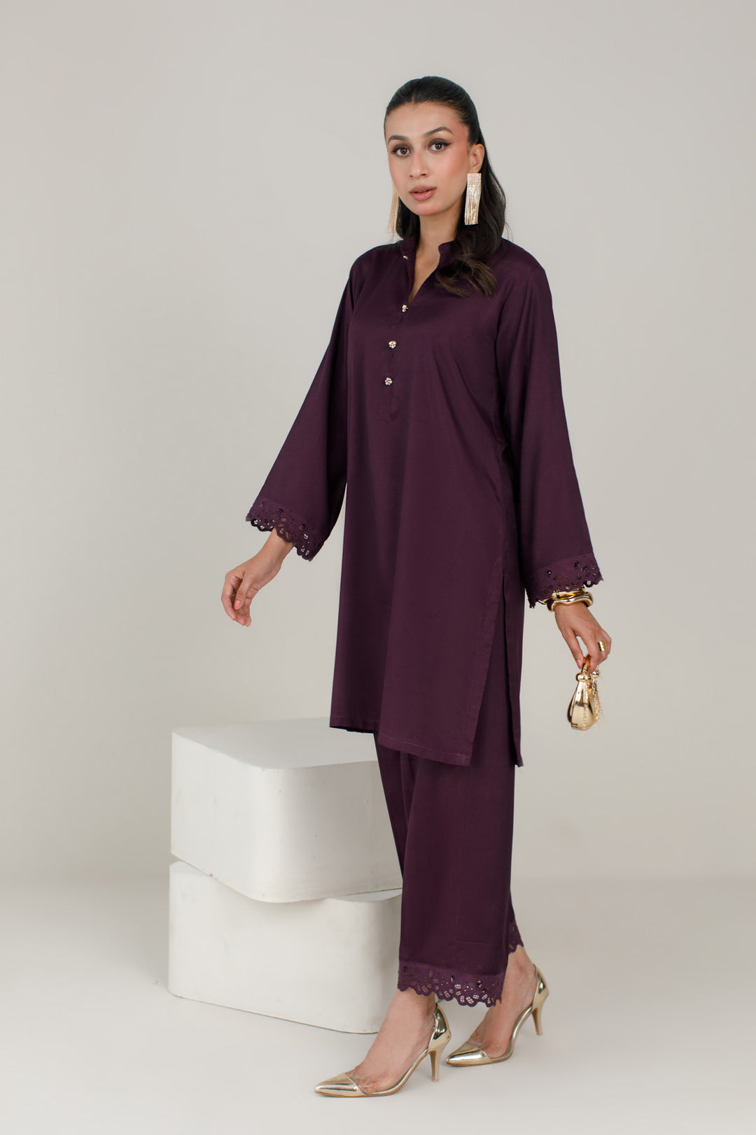 Deep Plum Dull Raw Silk 2-Piece Set