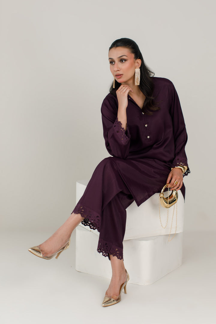 Deep Plum Dull Raw Silk 2-Piece Set