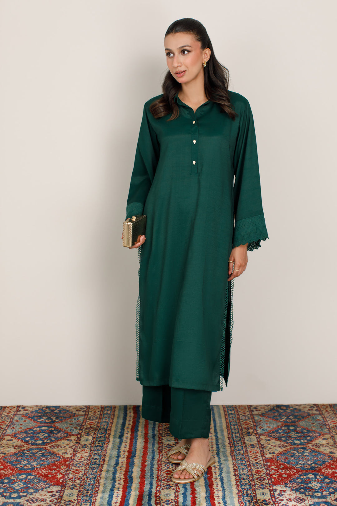 Bottle Green Dull Raw Silk 2 -Piece Set