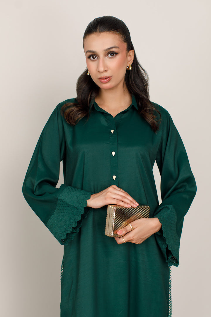 Bottle Green Dull Raw Silk 2 -Piece Set