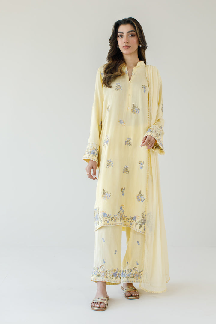 Soft Yellow Embroidered 3-Piece Set