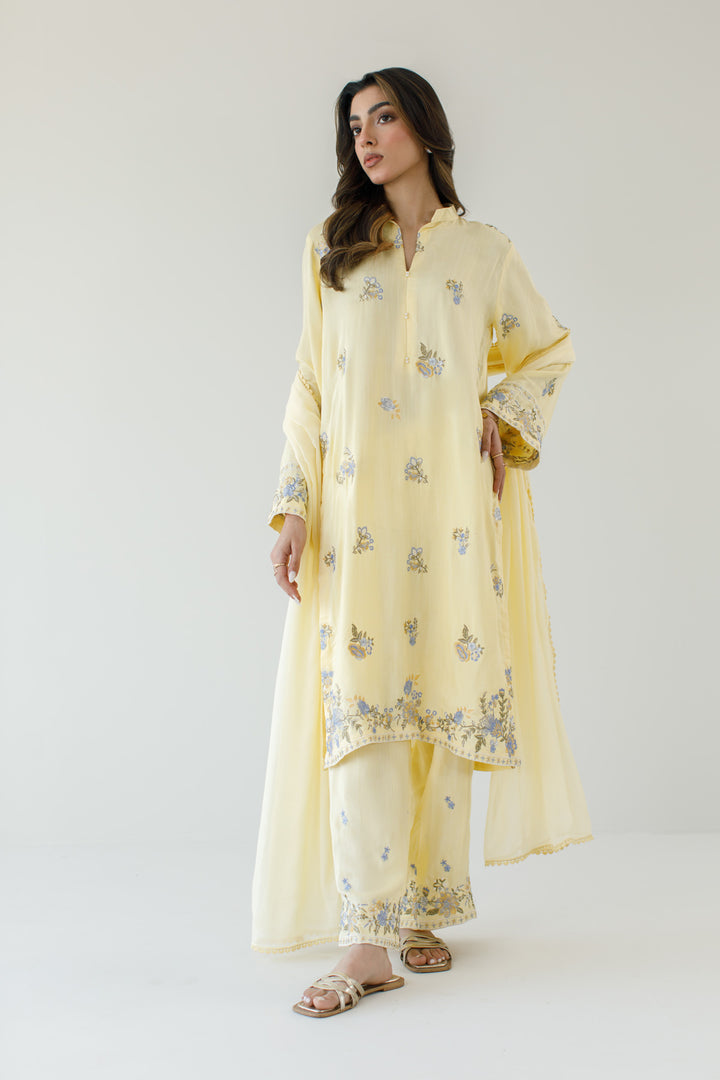 Soft Yellow Embroidered 3-Piece Set