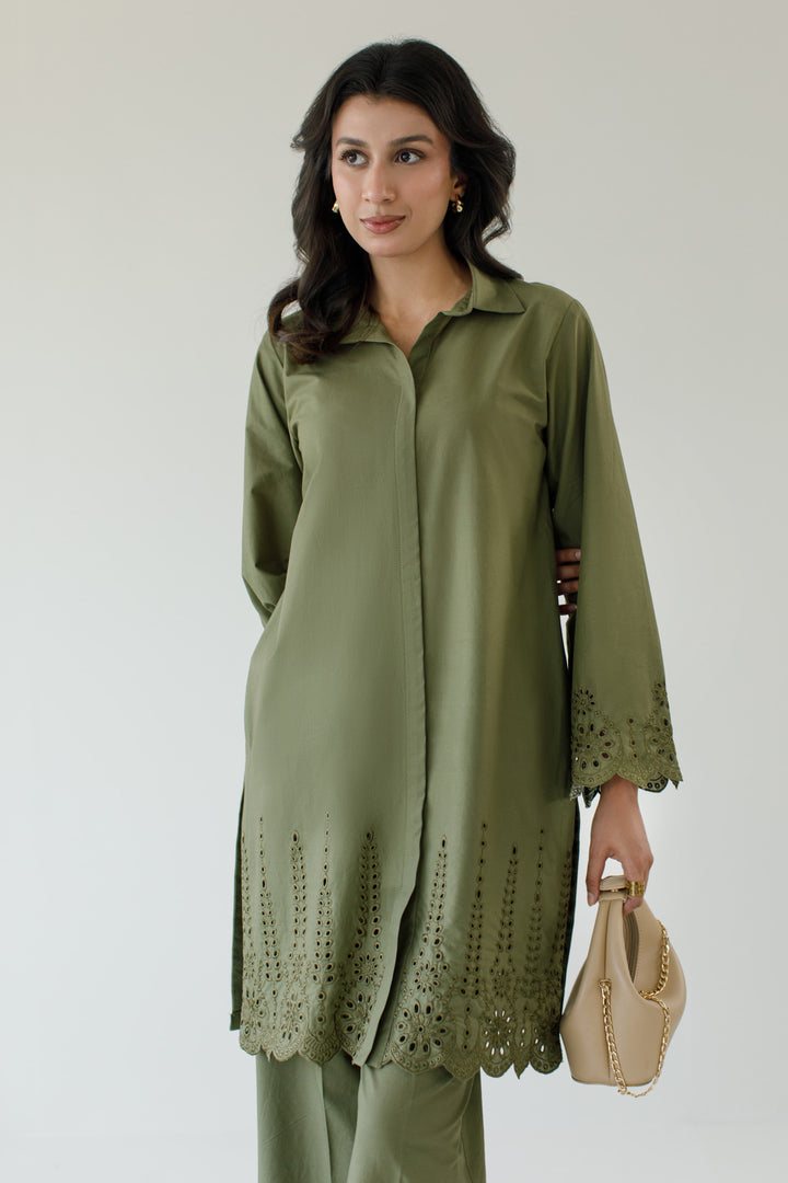 Olive Green Schiffli 2-Piece Set - 01