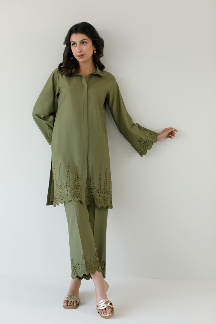 Olive Green Schiffli 2-Piece Set - 01