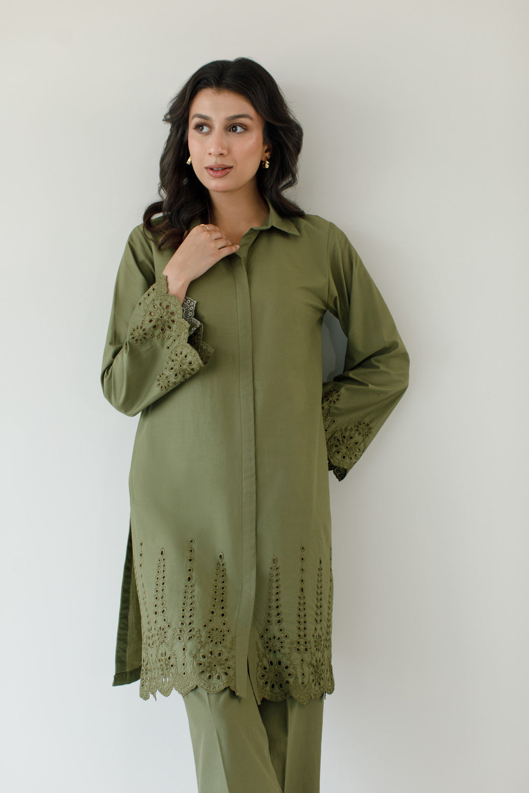 Olive Green Schiffli 2-Piece Set - 01