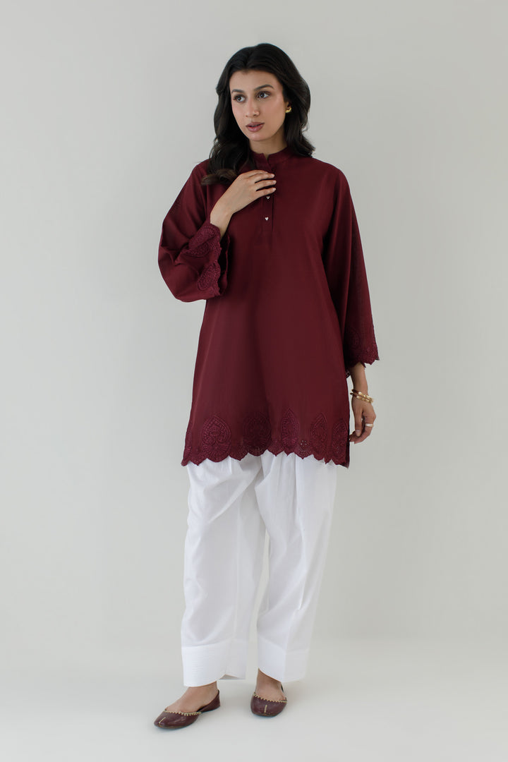Burgundy Schiffli Contrast 2-Piece Set