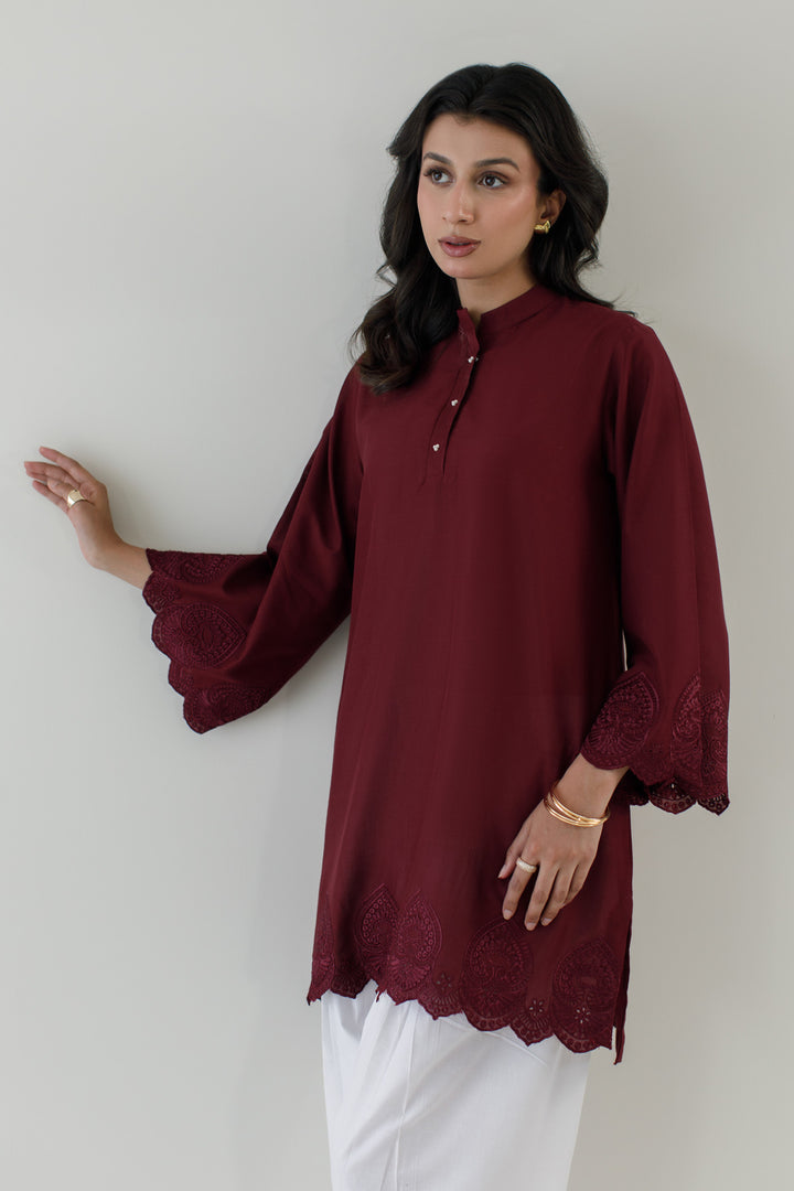 Burgundy Schiffli Contrast 2-Piece Set