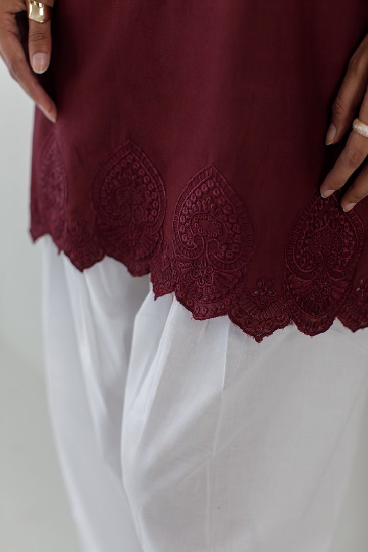 Burgundy Schiffli Contrast 2-Piece Set