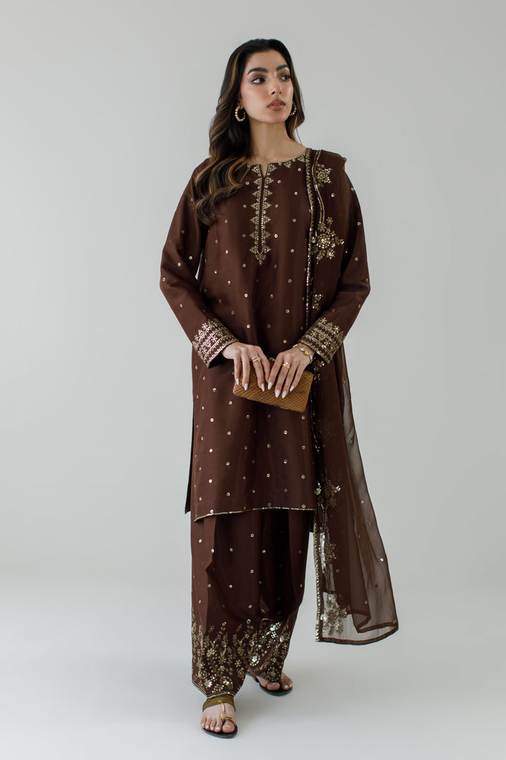 Dark Brown Embroidered 3-Piece Set