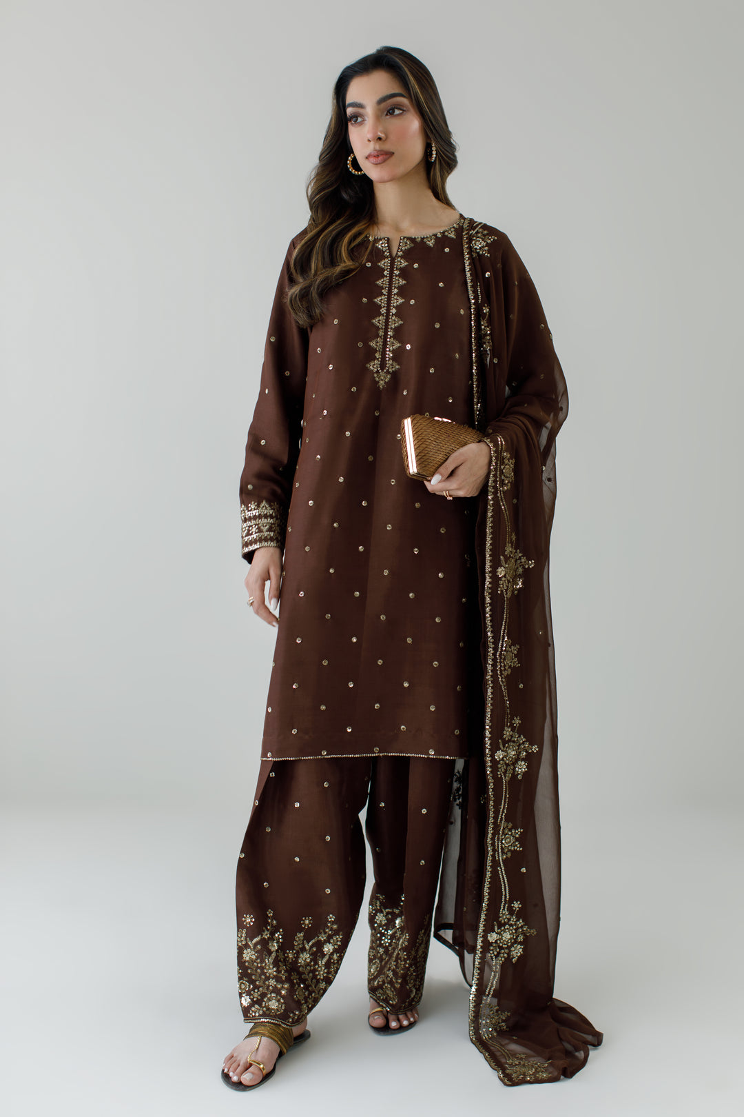 Dark Brown Embroidered 3-Piece Set
