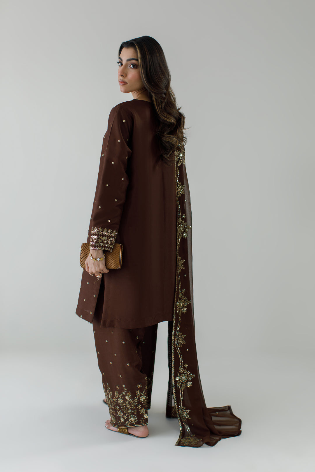 Dark Brown Embroidered 3-Piece Set