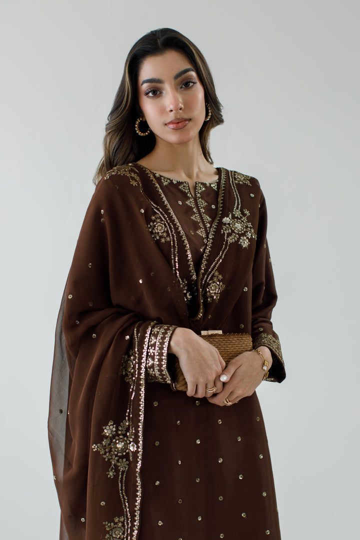 Dark Brown Embroidered 3-Piece Set