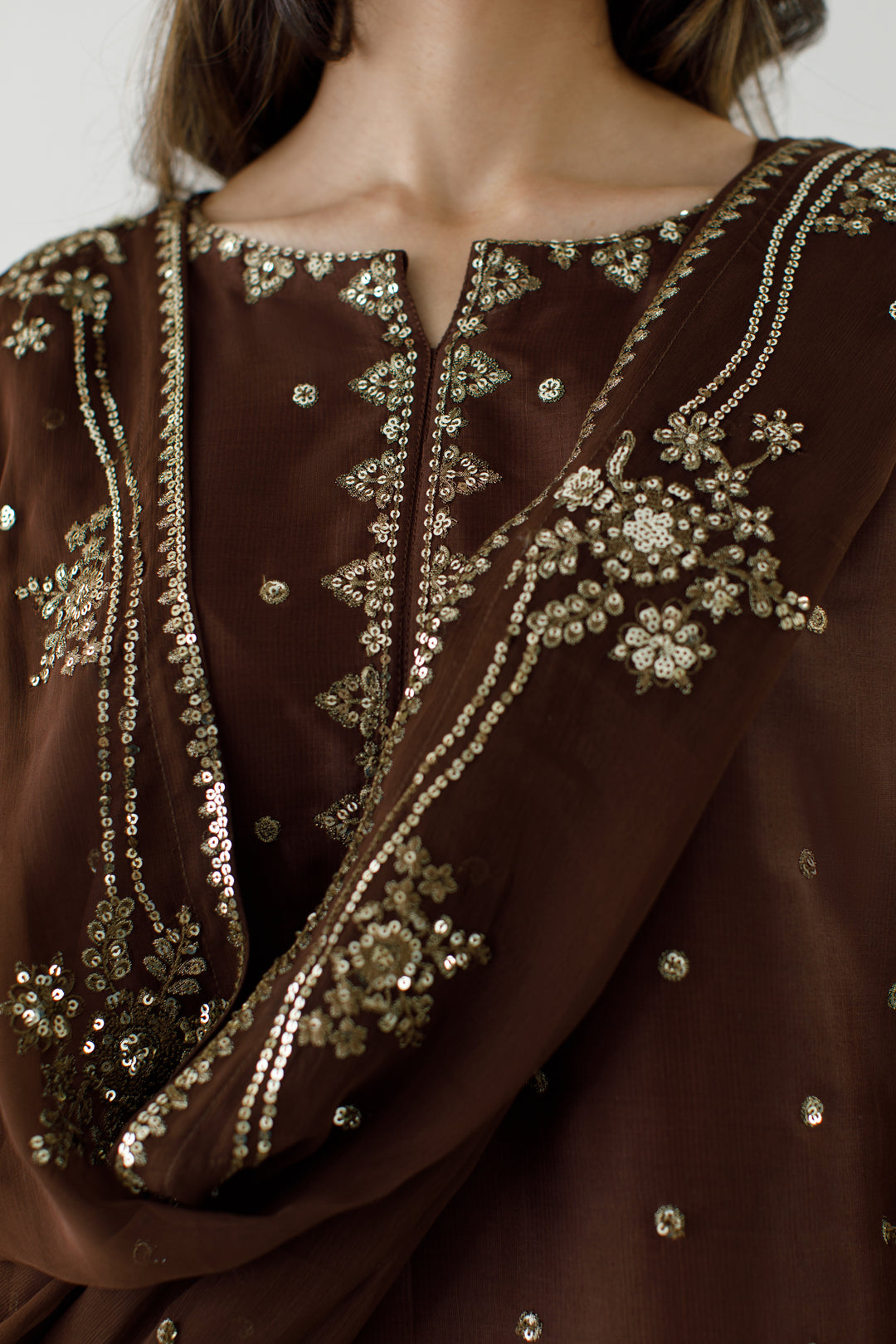 Dark Brown Embroidered 3-Piece Set