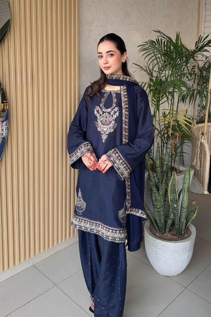 Navy Blue Embroidered 3-Piece Set
