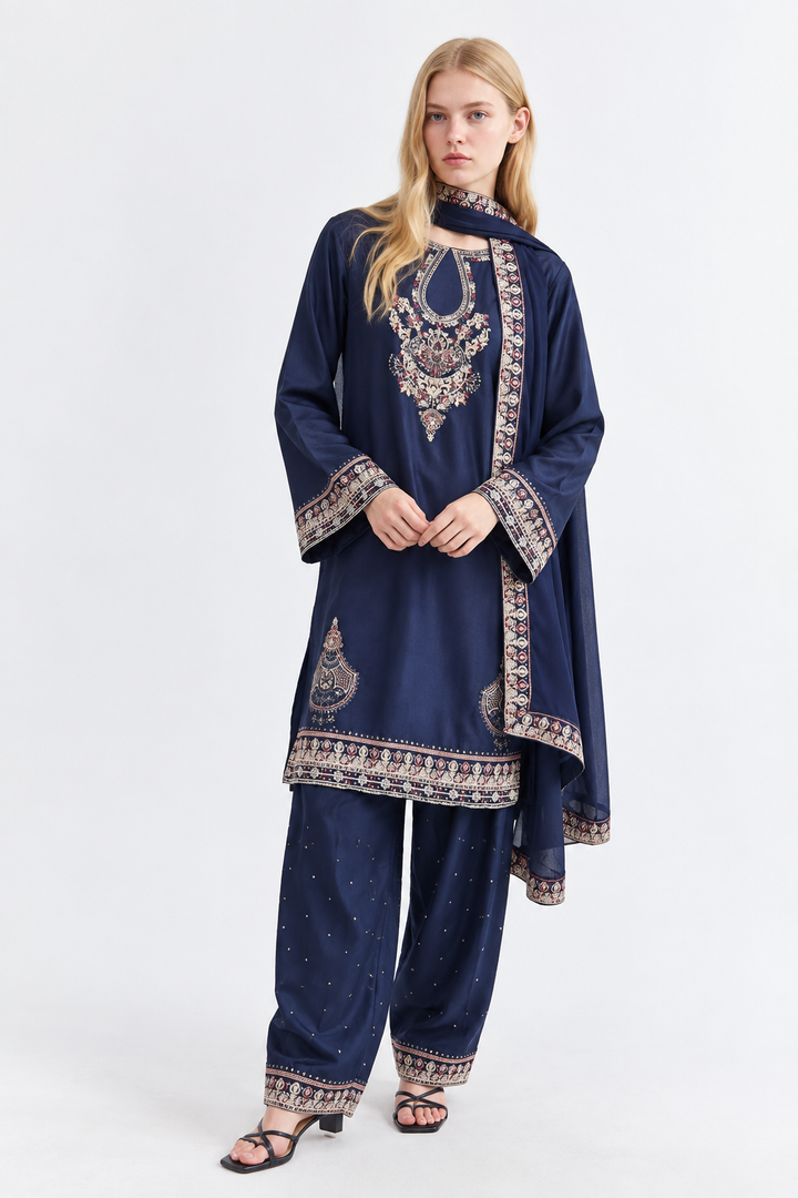 Navy Blue Embroidered 3-Piece Set