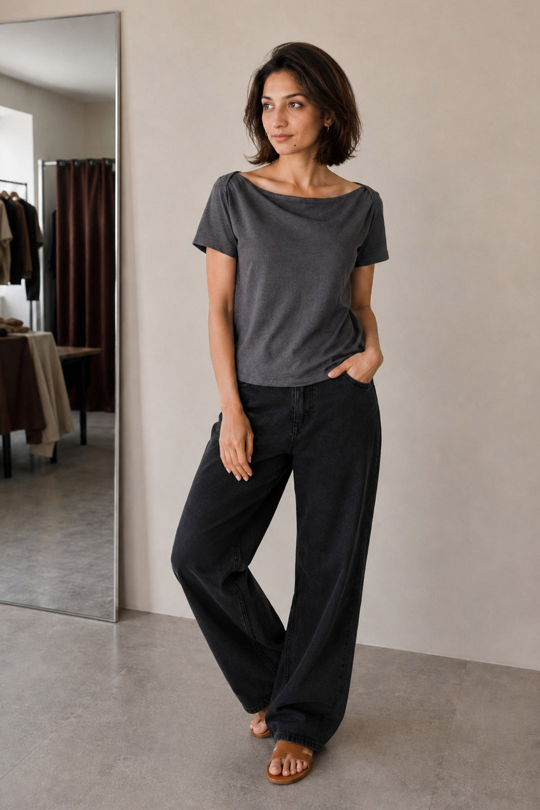 CHARCOAL GREY WIDE BOAT NECK COTTON T-SHIRT