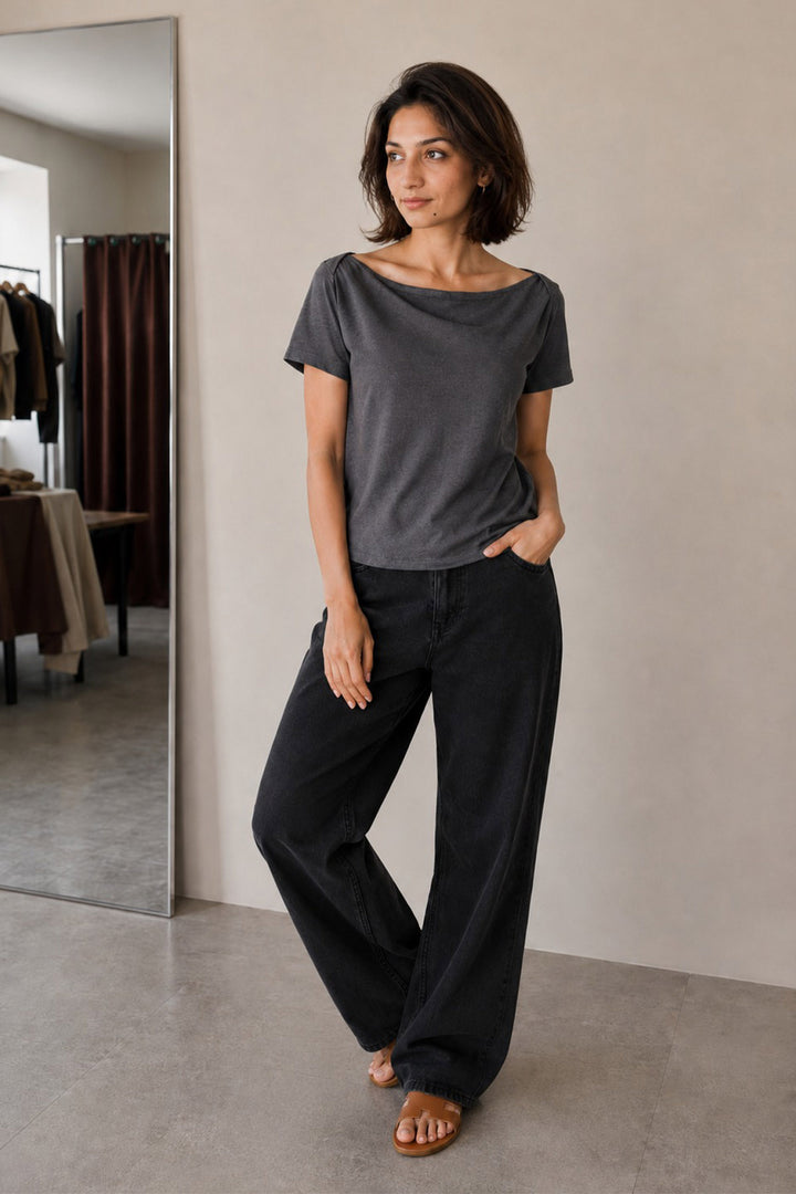 CHARCOAL GREY WIDE BOAT NECK COTTON T-SHIRT