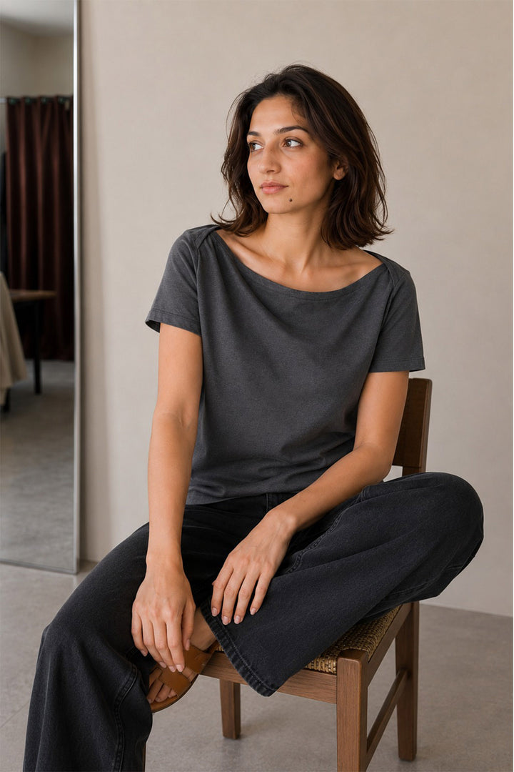 CHARCOAL GREY WIDE BOAT NECK COTTON T-SHIRT