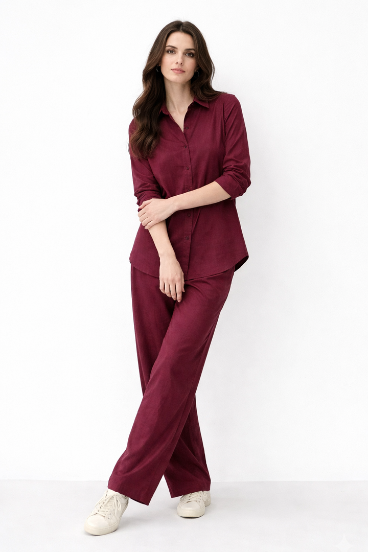 Maroon Button-Down Co Ord Set
