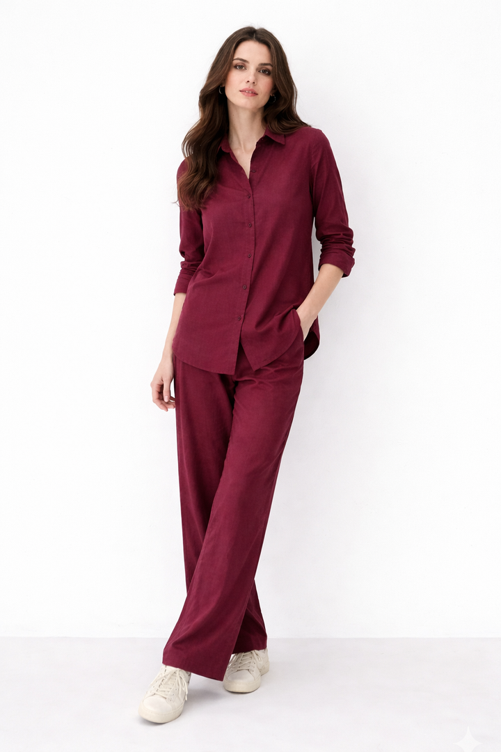 Maroon Button-Down Co Ord Set
