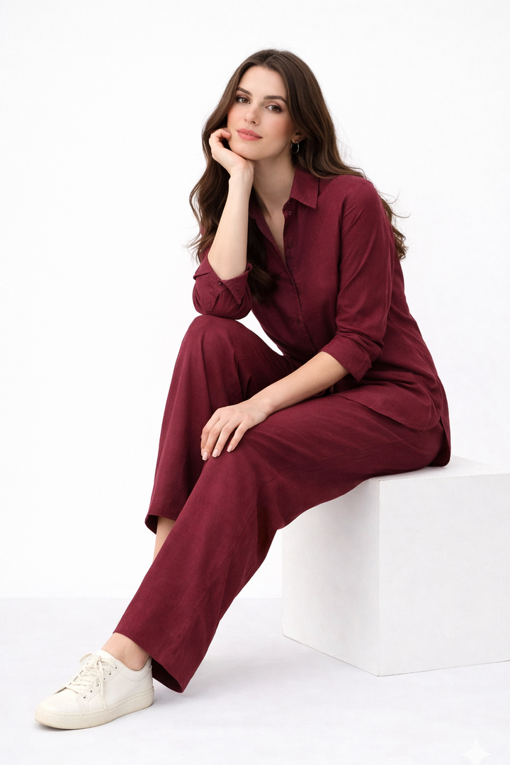 Maroon Button-Down Co Ord Set