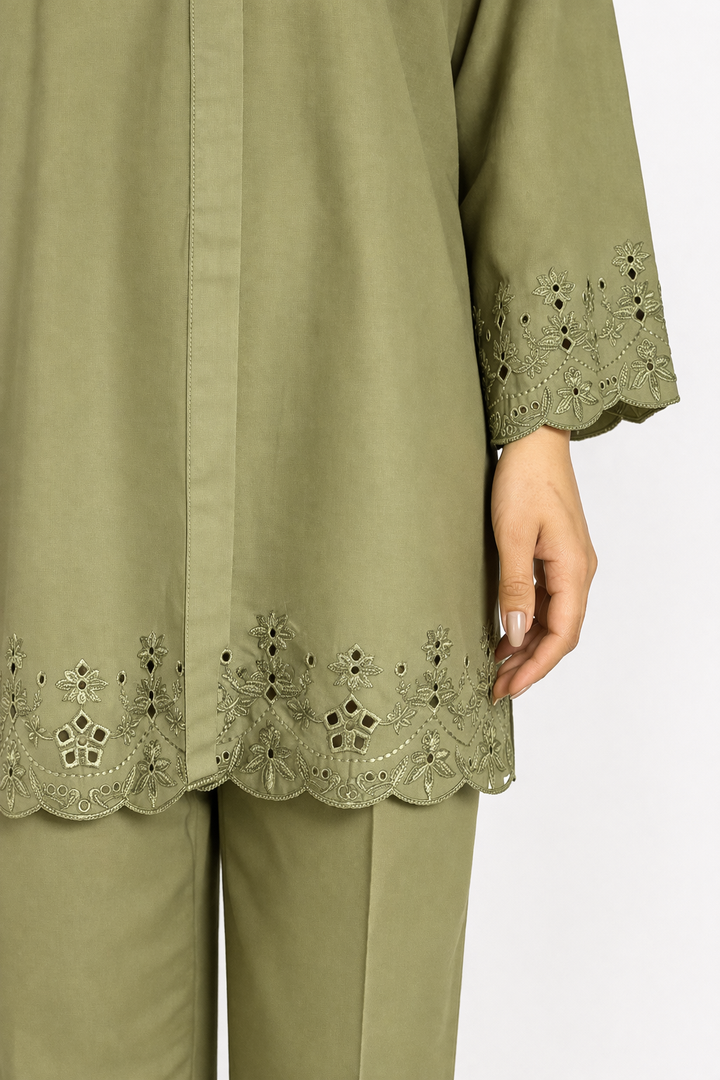 Soft Olive Schiffli 2-Piece Set