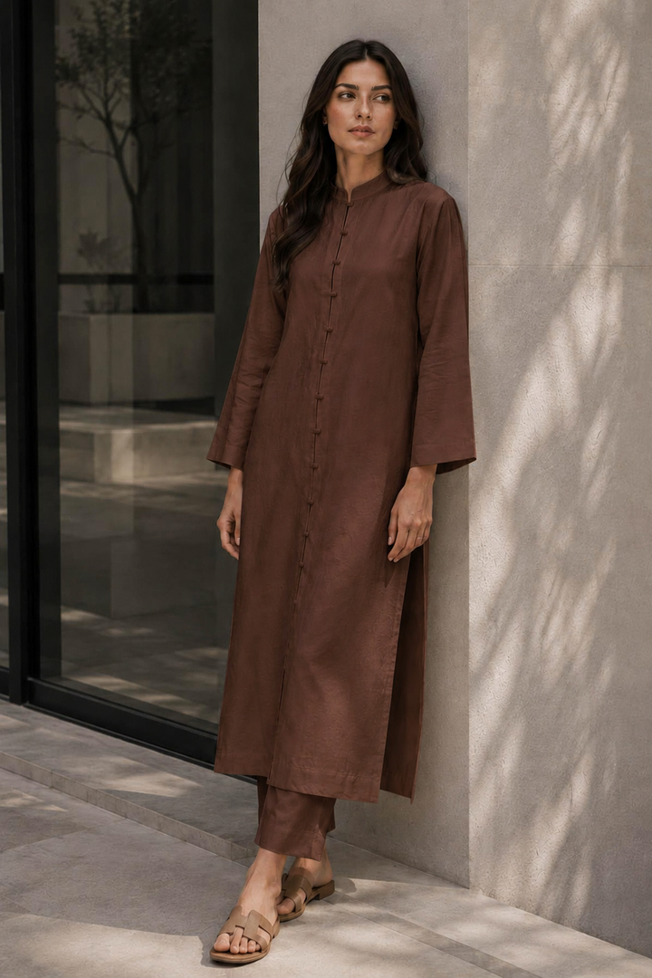 Chocolate Brown Raw Silk 2- Piece Set