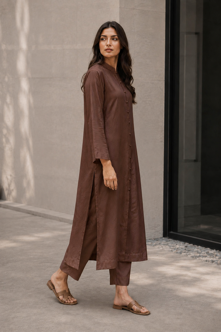 Chocolate Brown Raw Silk 2- Piece Set