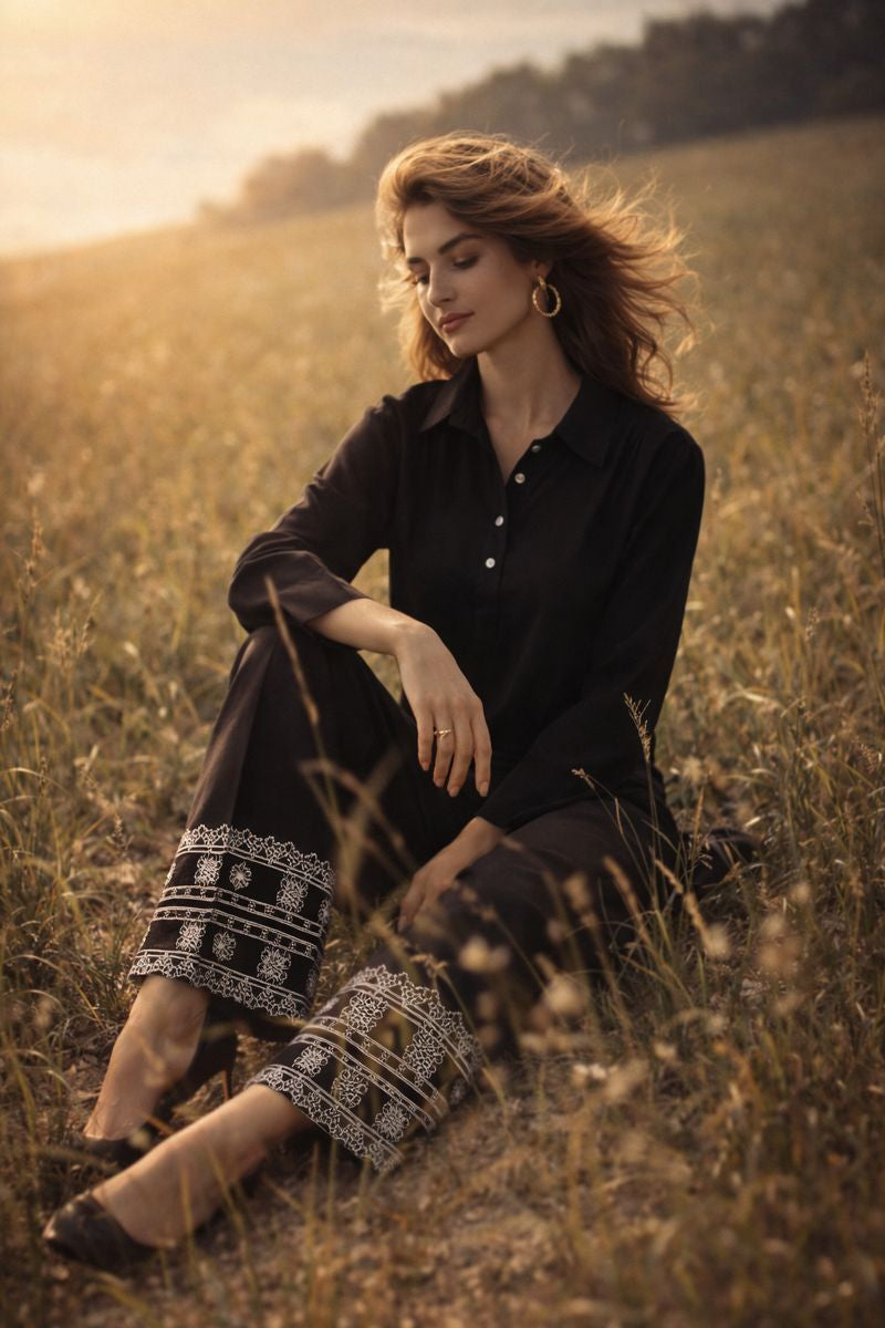 Black Embroidered Co Ord Set - 010