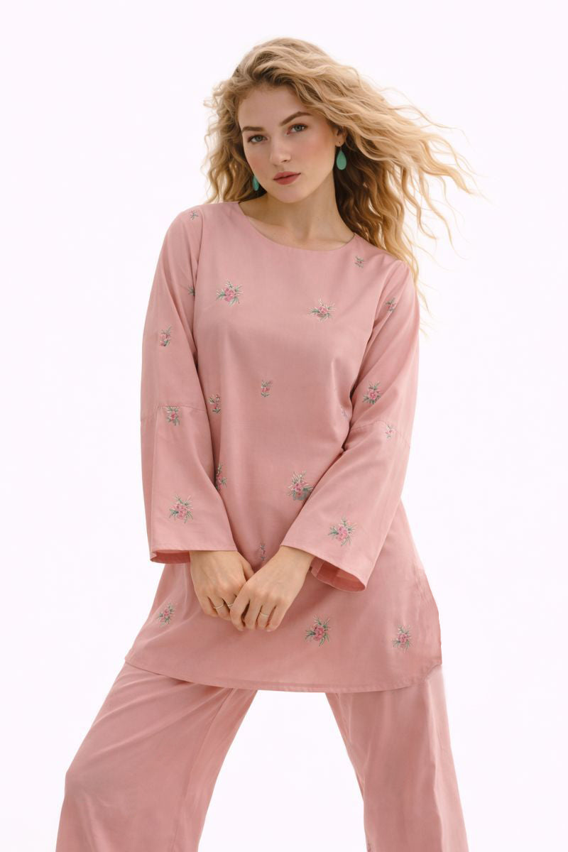 Tea Pink Embroidered Co Ord Set