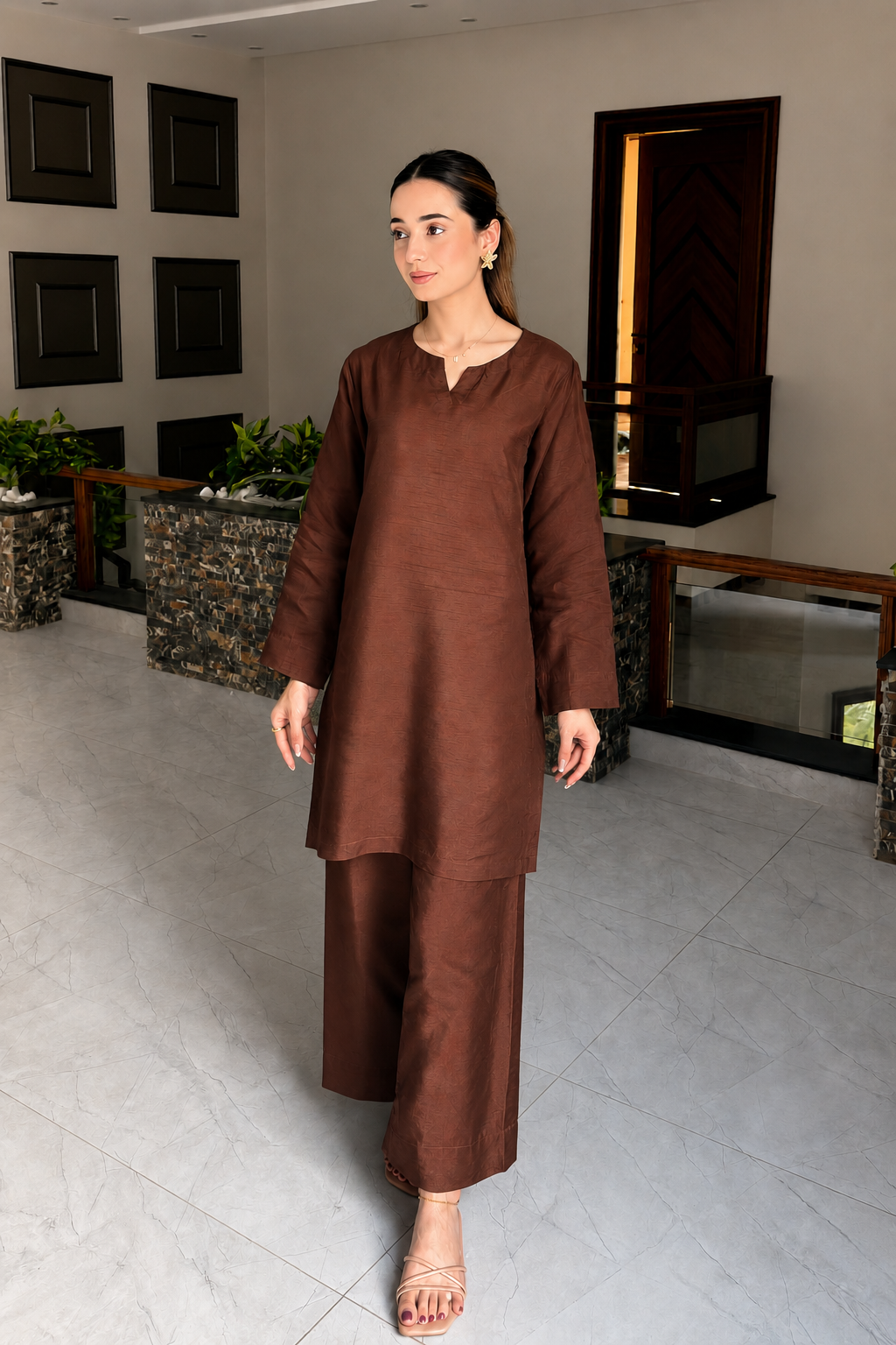 Dark Brown Korean Silk 2 -Piece Set