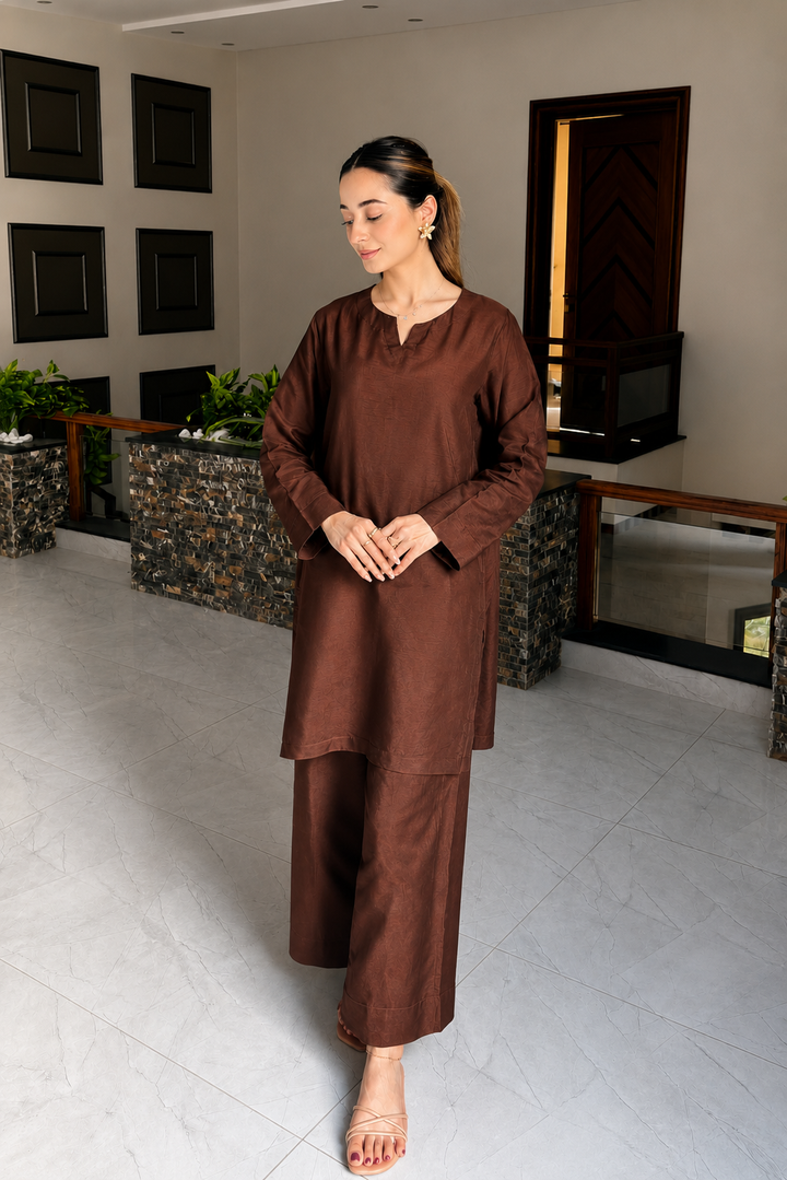 Dark Brown Korean Silk 2 -Piece Set