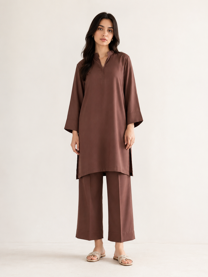 Brown Raw Silk 2 Piece Set