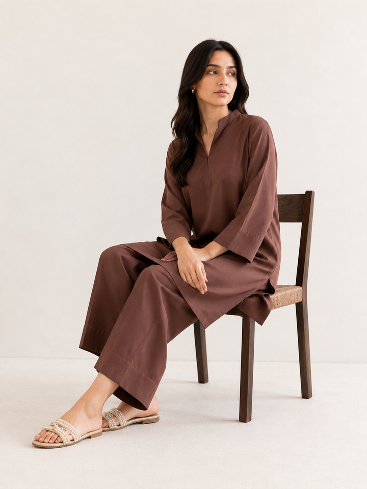 Brown Raw Silk 2 Piece Set