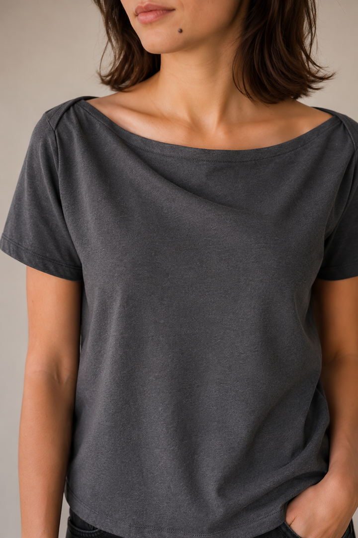 CHARCOAL GREY WIDE BOAT NECK COTTON T-SHIRT